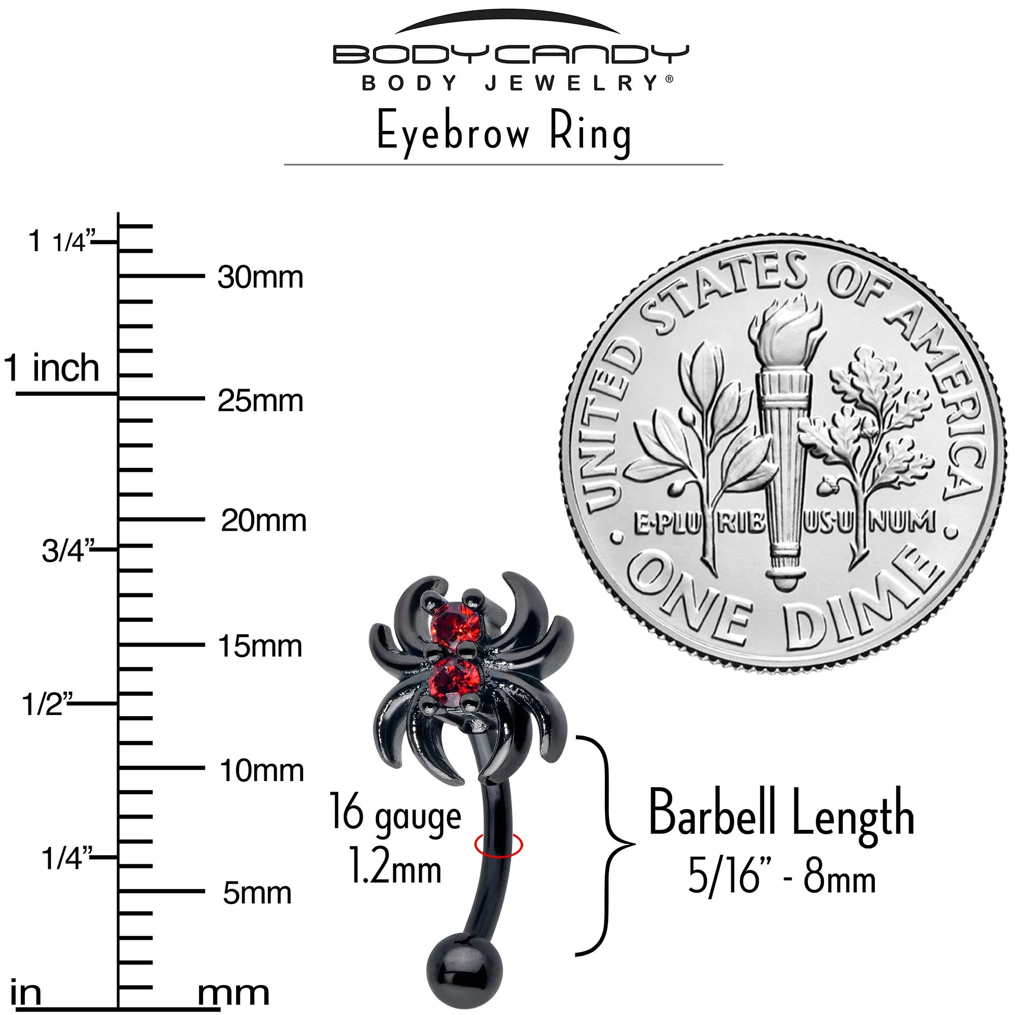 16 Gauge 5/16 Red CZ Gem Black Sleek Spider Curved Eyebrow Ring