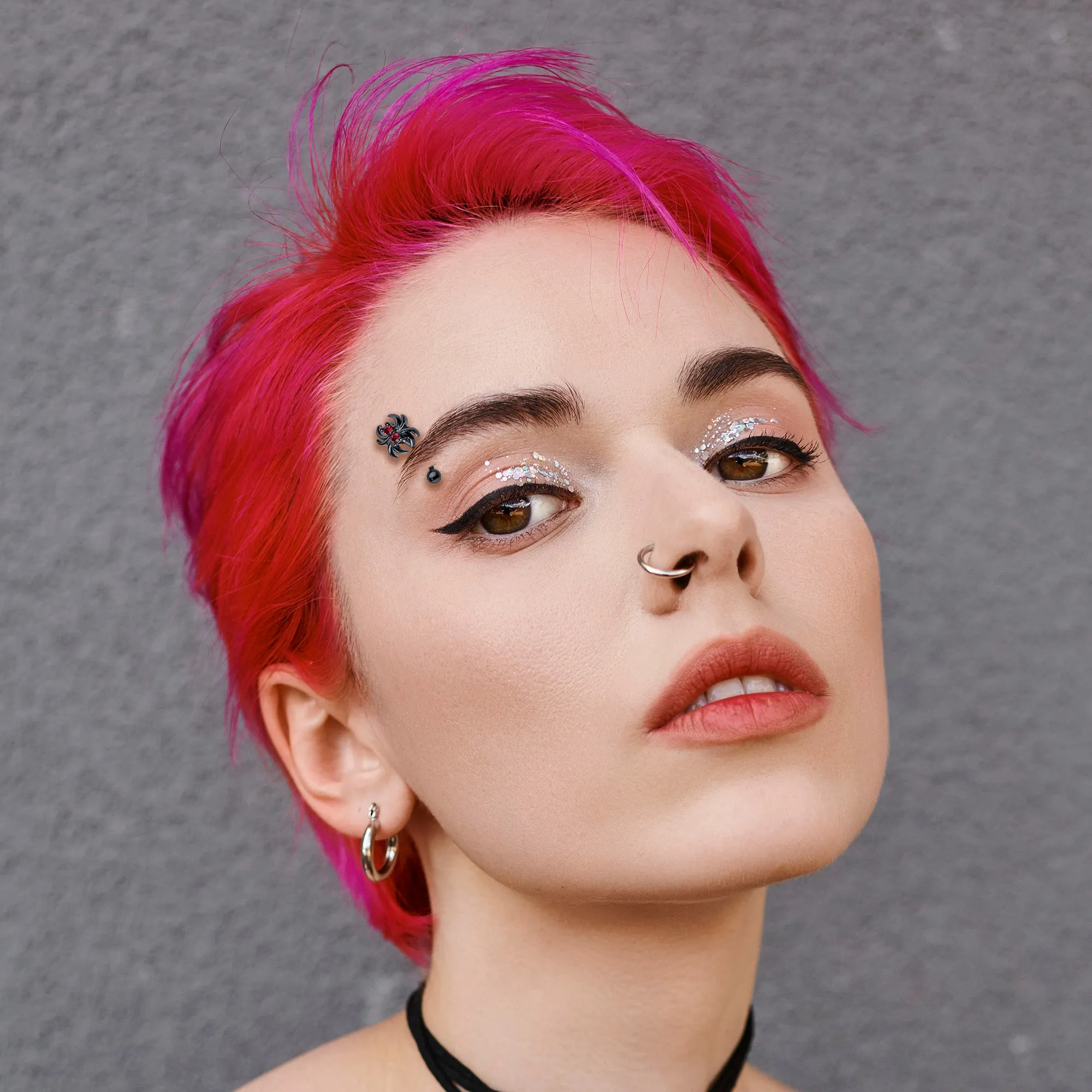 16 Gauge 5/16 Red CZ Gem Black Sleek Spider Curved Eyebrow Ring