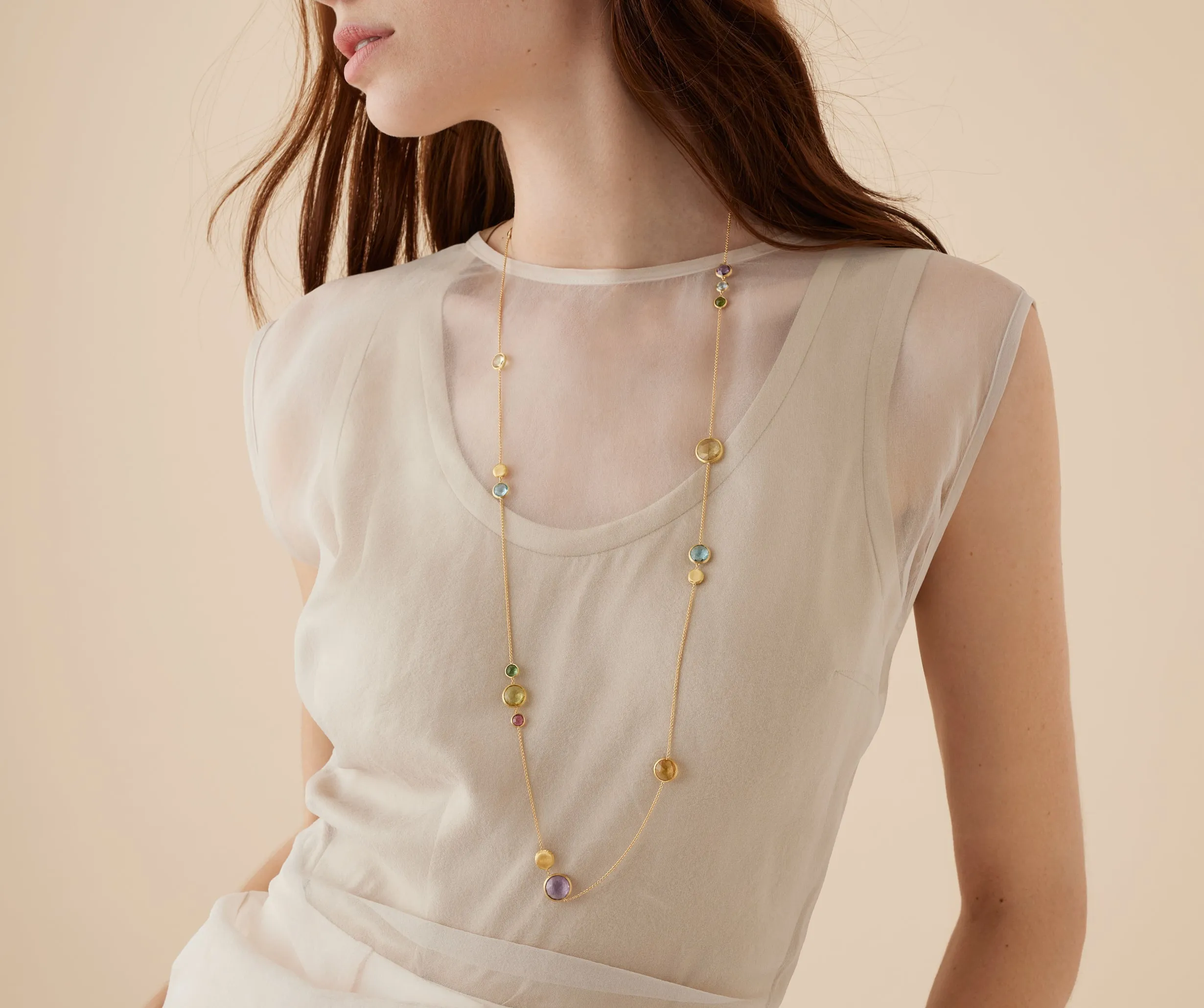 18K Yellow Gold Long Mixed Gemstone Necklace
