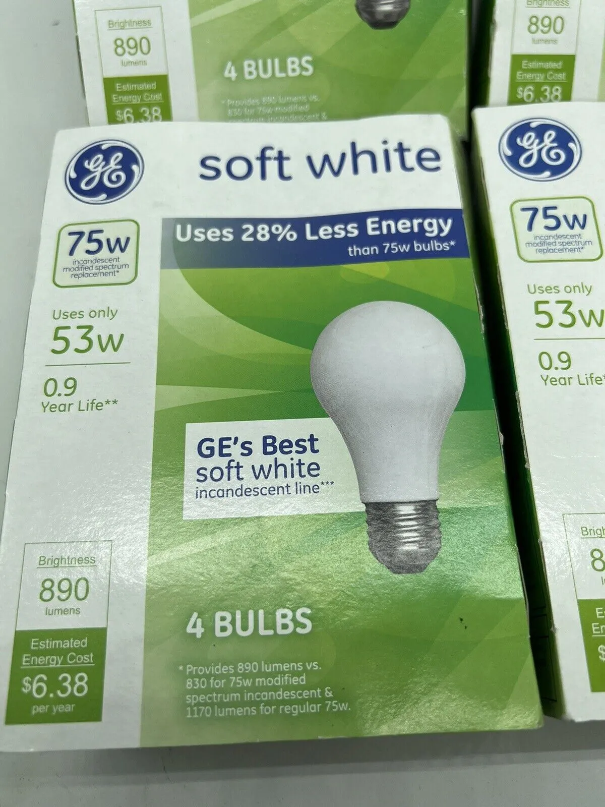 (4) GE Energy-Efficient 75w Soft White 53 Watt A19 15 Bulbs Total  66248