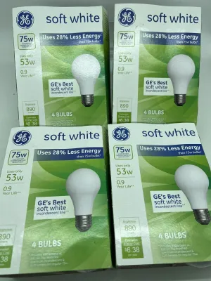 (4) GE Energy-Efficient 75w Soft White 53 Watt A19 15 Bulbs Total  66248