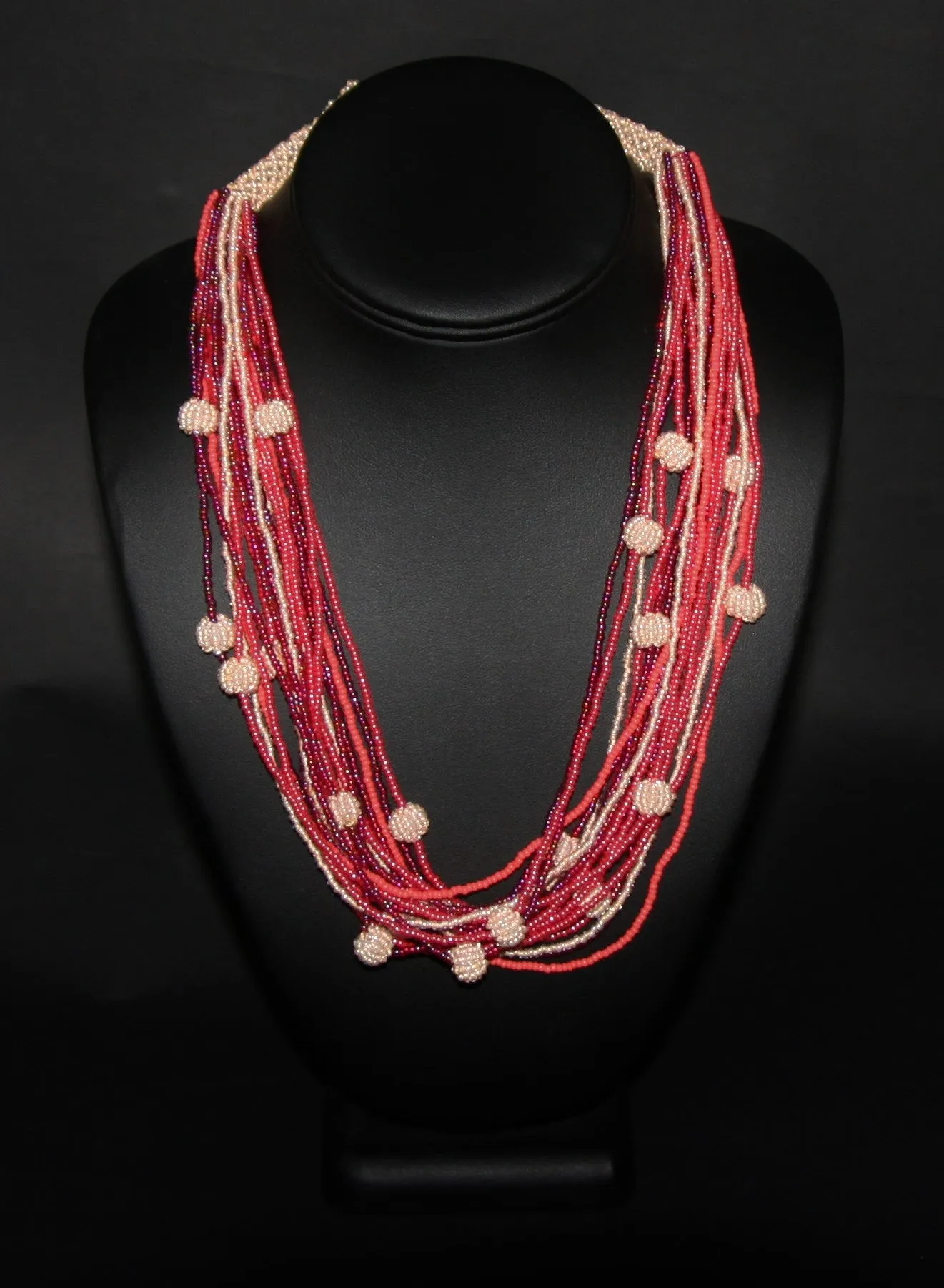 African Seed Bead Woven Necklace Orange Burgundy Pearl