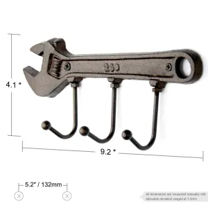 Antique Key Holders, Wrench Triple Wall Hooks, Decorative Vintage Coat Hat Hooks Rack Hangers, Heavy Duty Cast Iron Retro Storage Organizer with Rustic Hooks, Brown, 2 Pack