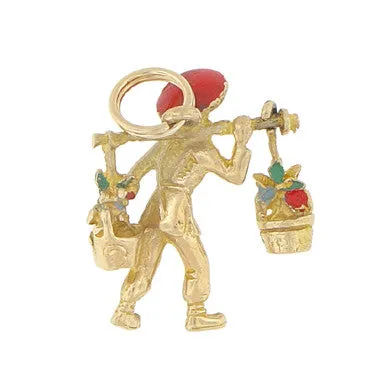 Antique Moveable Enameled Chinese Worker Charm in 14 Karat Gold
