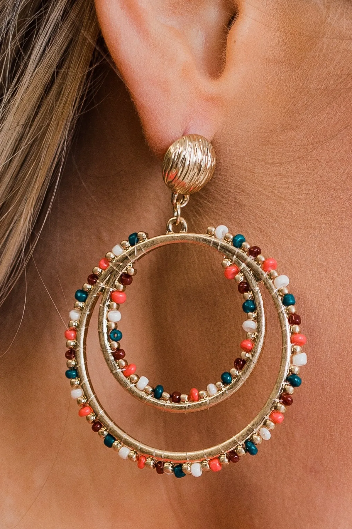 Beaded Double Hoop Gold Earrings- Teal & Burgundy