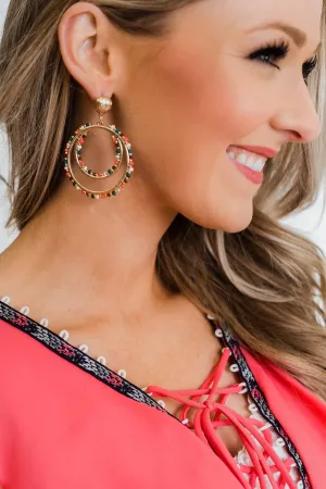 Beaded Double Hoop Gold Earrings- Teal & Burgundy