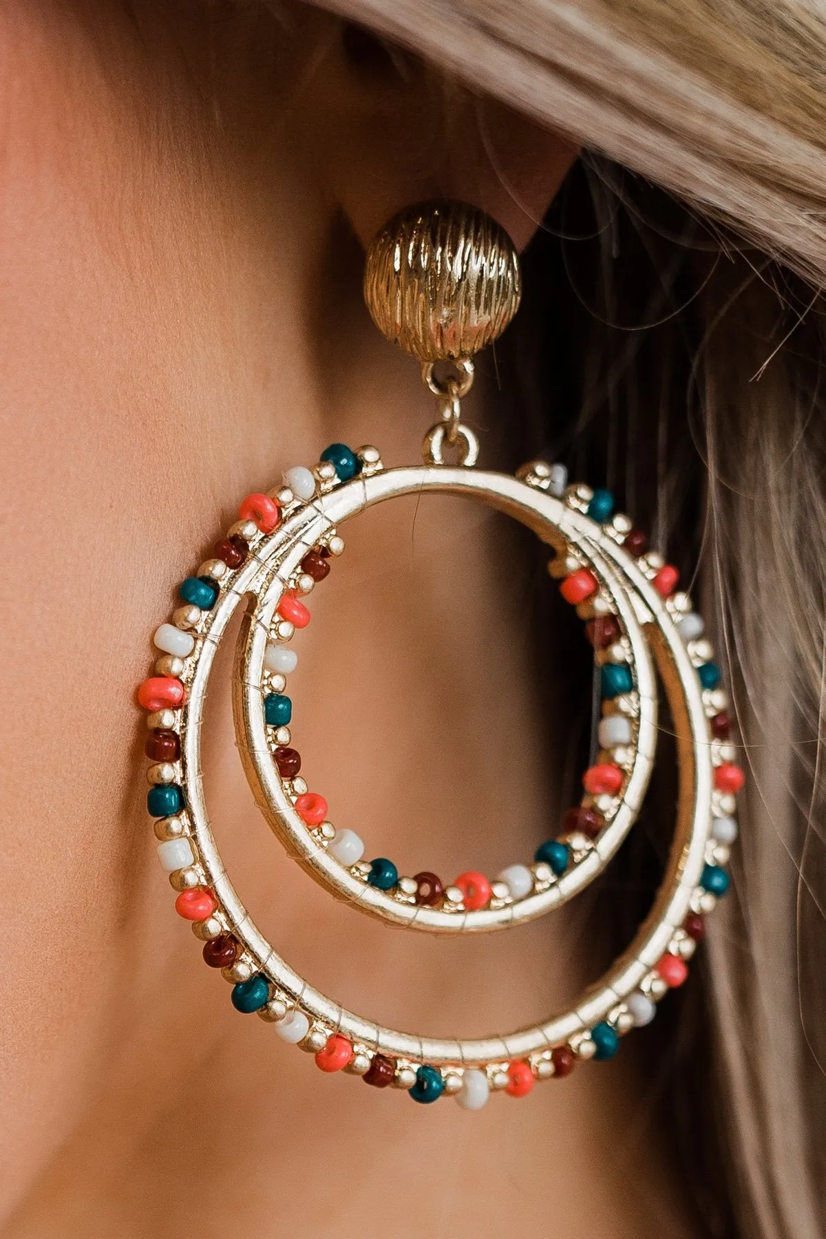 Beaded Double Hoop Gold Earrings- Teal & Burgundy