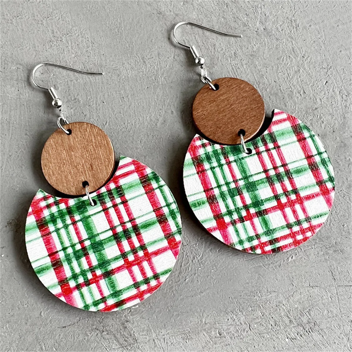 Brown & Red Plaid Double-Disc Wood Drop Earrings
