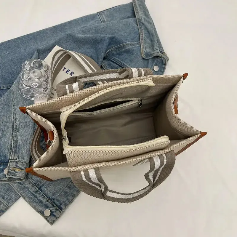 Brown Linen Fabric Shoulder Handbag with Gray Stripes and Pencil Case