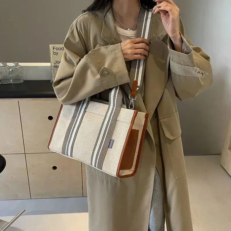 Brown Linen Fabric Shoulder Handbag with Gray Stripes and Pencil Case