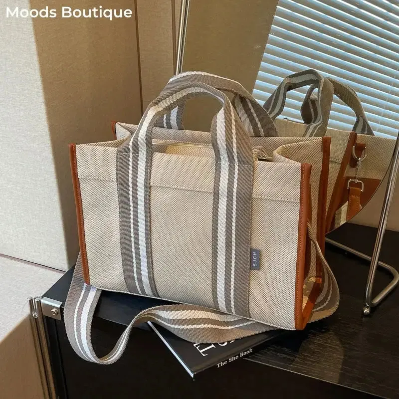 Brown Linen Fabric Shoulder Handbag with Gray Stripes and Pencil Case