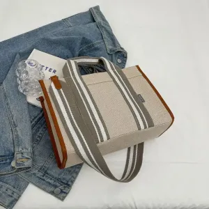 Brown Linen Fabric Shoulder Handbag with Gray Stripes and Pencil Case