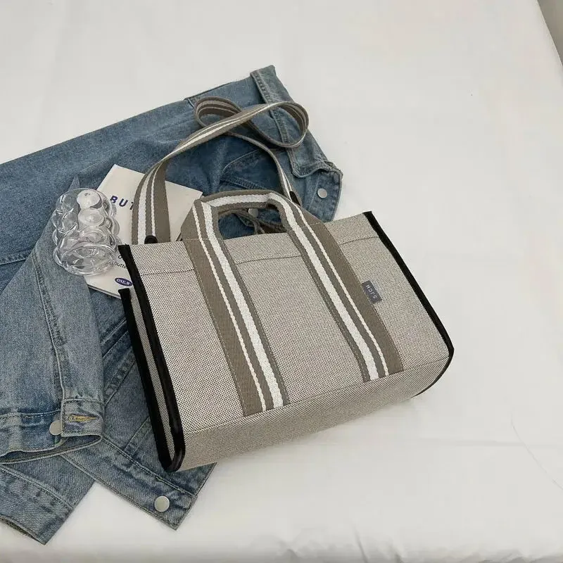 Brown Linen Fabric Shoulder Handbag with Gray Stripes and Pencil Case