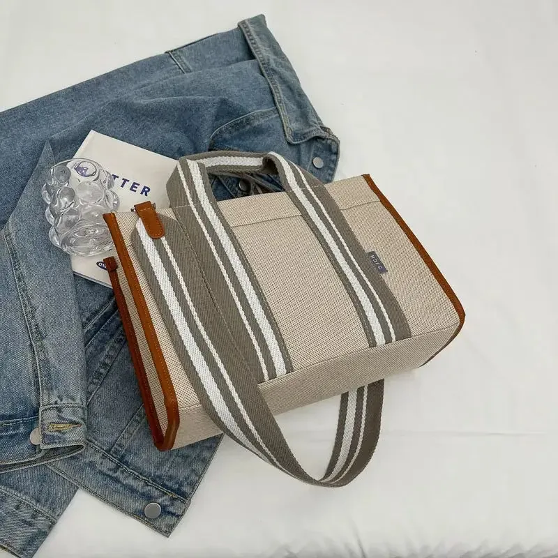 Brown Linen Fabric Shoulder Handbag with Gray Stripes and Pencil Case