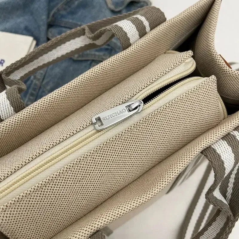 Brown Linen Fabric Shoulder Handbag with Gray Stripes and Pencil Case