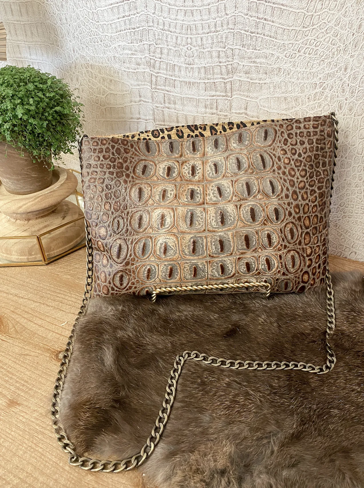 Brown/Grey Croc Double Flap