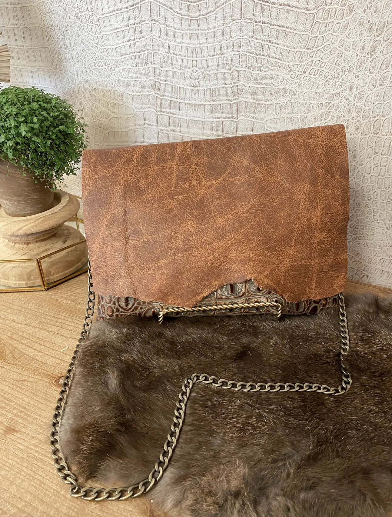 Brown/Grey Croc Double Flap