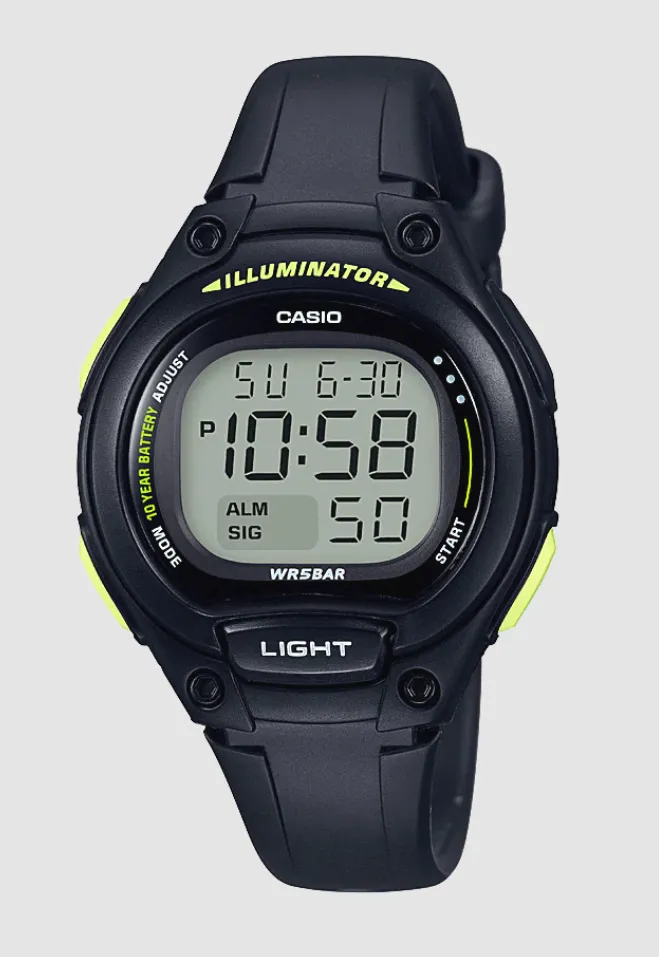 CAS DIGITAL WATCH 10YR BATTERY, LED BACKLIGHT, 50M WR, BLACK/GREEN