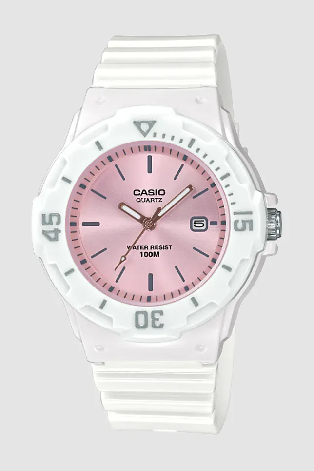 CASIO ANALOGUE LRW200H-4E3 DATE DISPLAY PINK FACE, WHITE