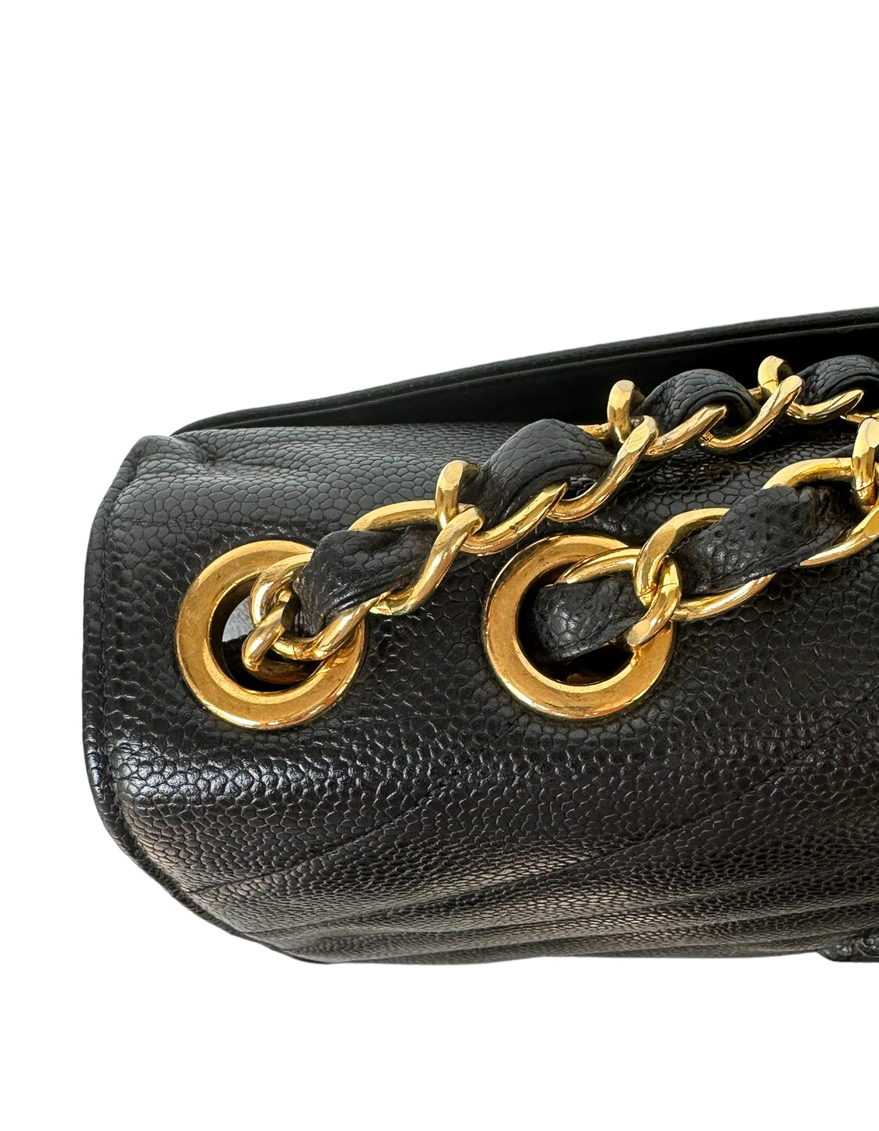 Chanel 1990s Black Caviar Leather Diagonal Quilted CC Flap Bag
