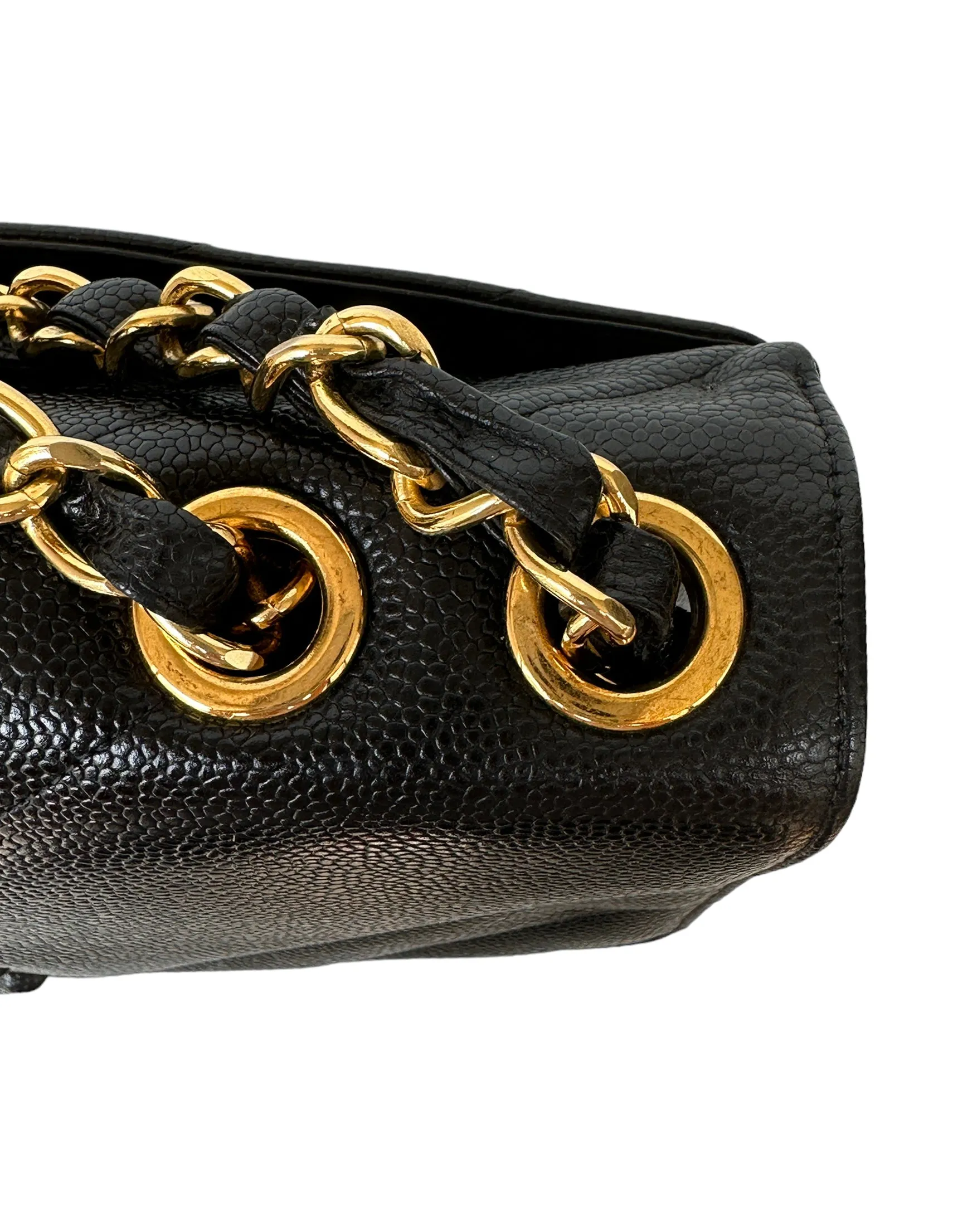 Chanel 1990s Black Caviar Leather Diagonal Quilted CC Flap Bag