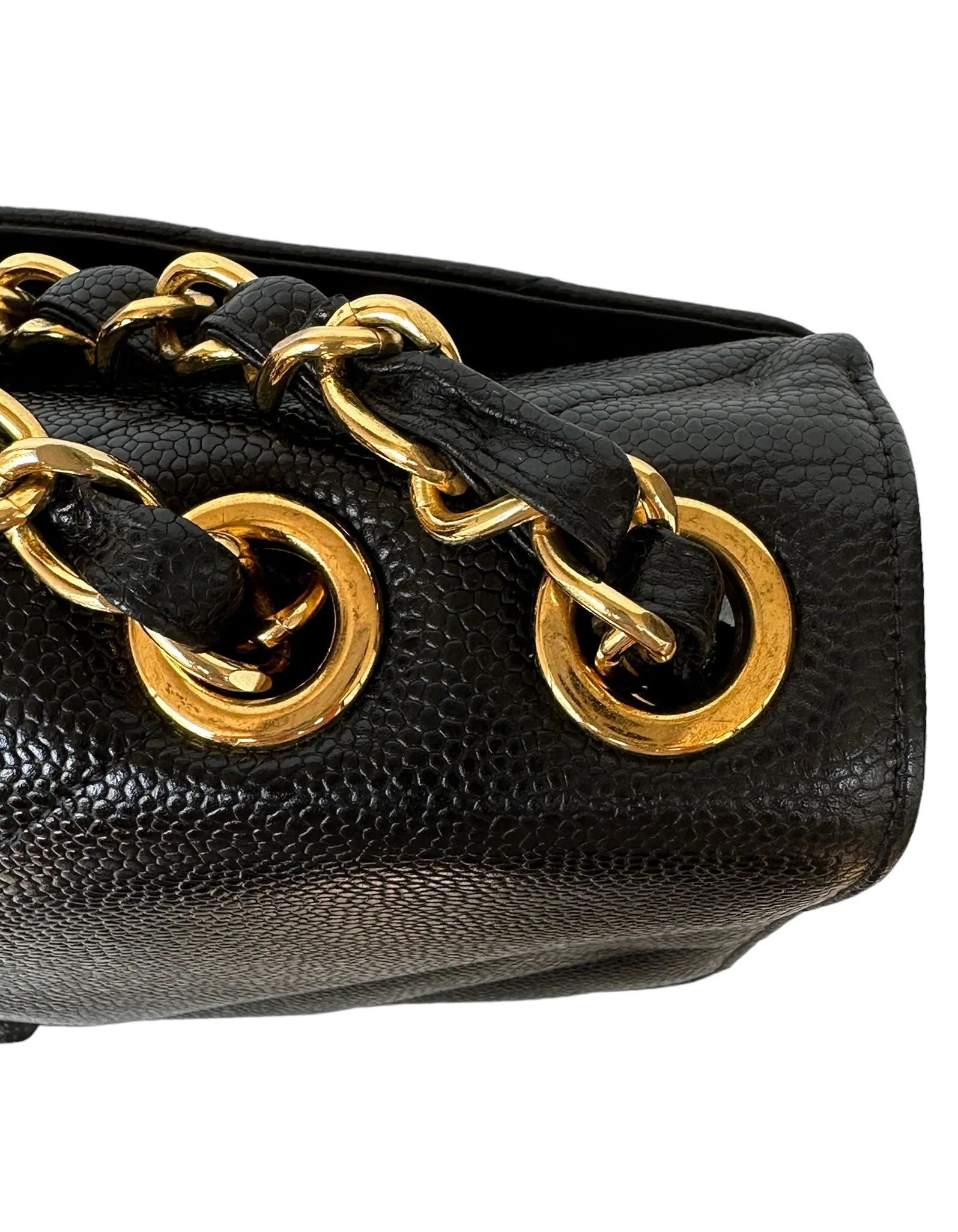 Chanel 1990s Black Caviar Leather Diagonal Quilted CC Flap Bag