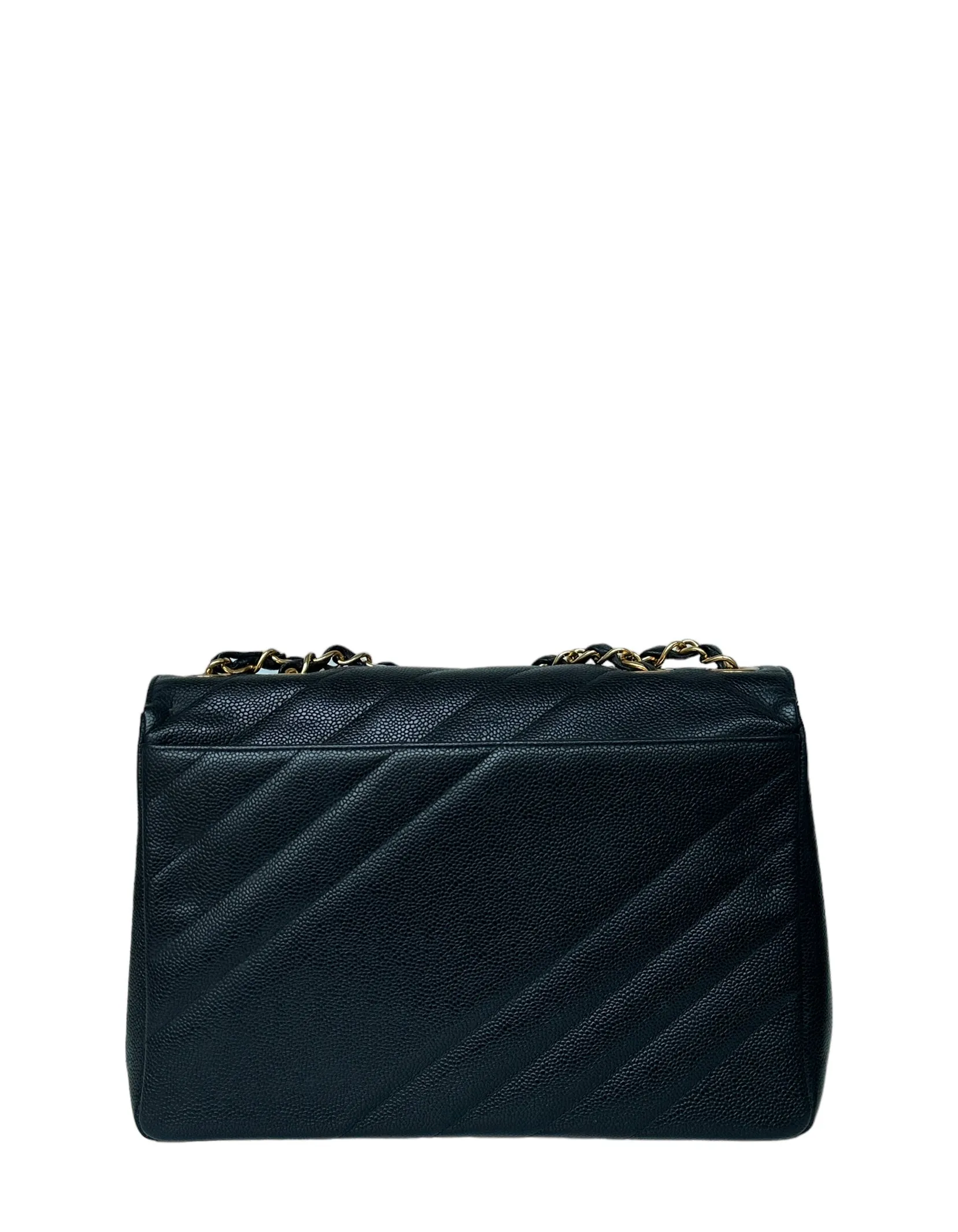 Chanel 1990s Black Caviar Leather Diagonal Quilted CC Flap Bag
