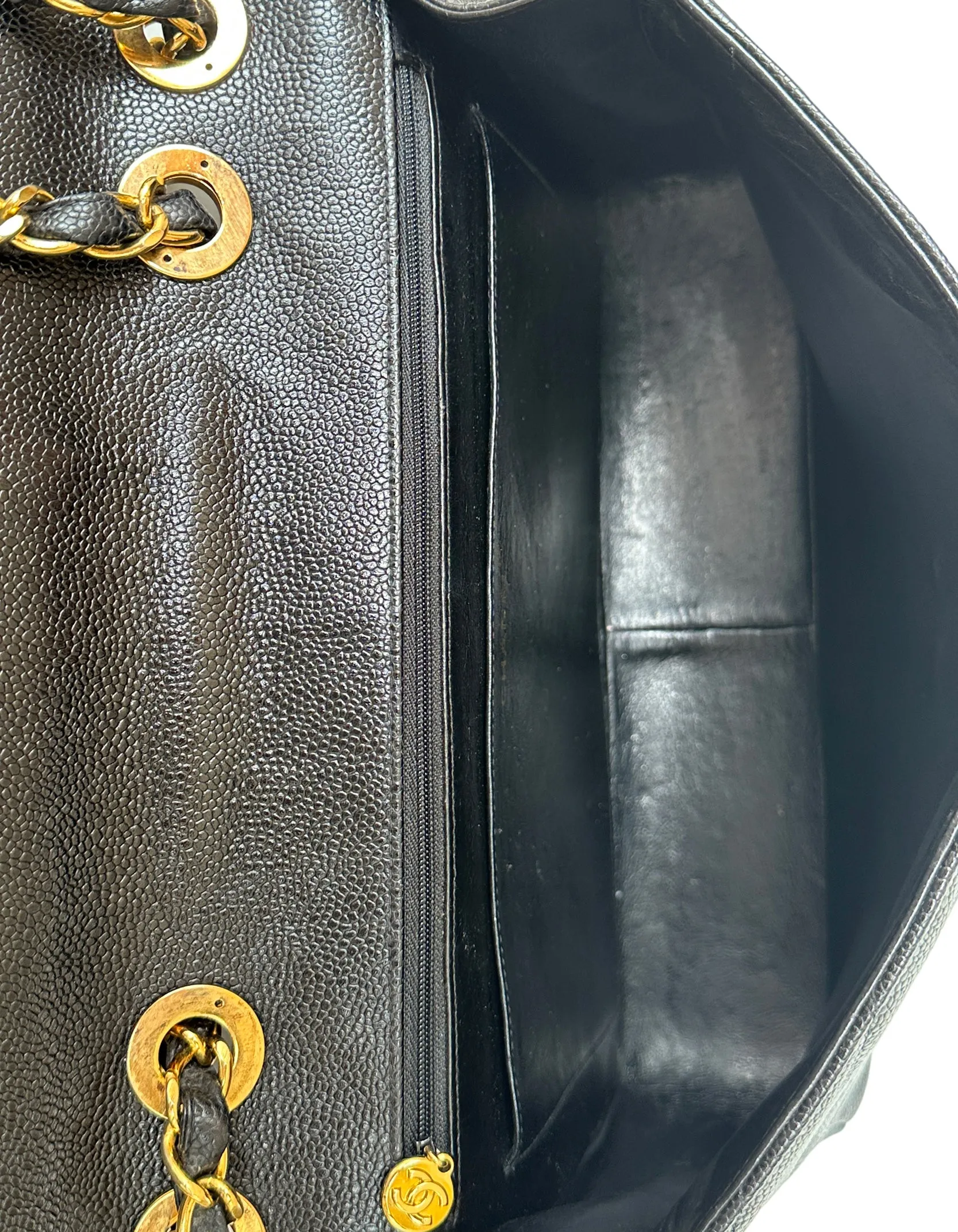 Chanel 1990s Black Caviar Leather Diagonal Quilted CC Flap Bag