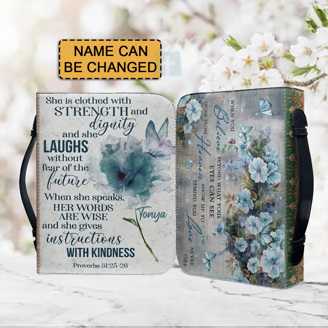 Christianartbag Bible Cover, She Is Clothed With Strength and Dignity Bible Cover, Personalized Bible Cover, Butterfly Flower Bible Cover, Christian Gifts, CAB01081123.