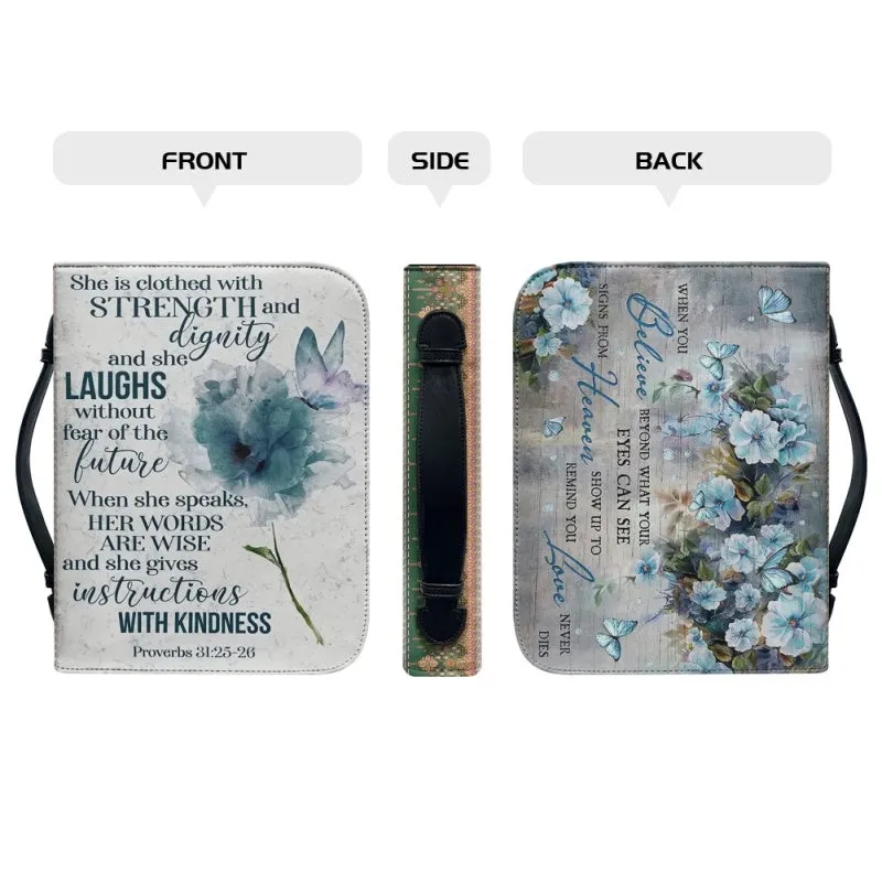 Christianartbag Bible Cover, She Is Clothed With Strength and Dignity Bible Cover, Personalized Bible Cover, Butterfly Flower Bible Cover, Christian Gifts, CAB01081123.
