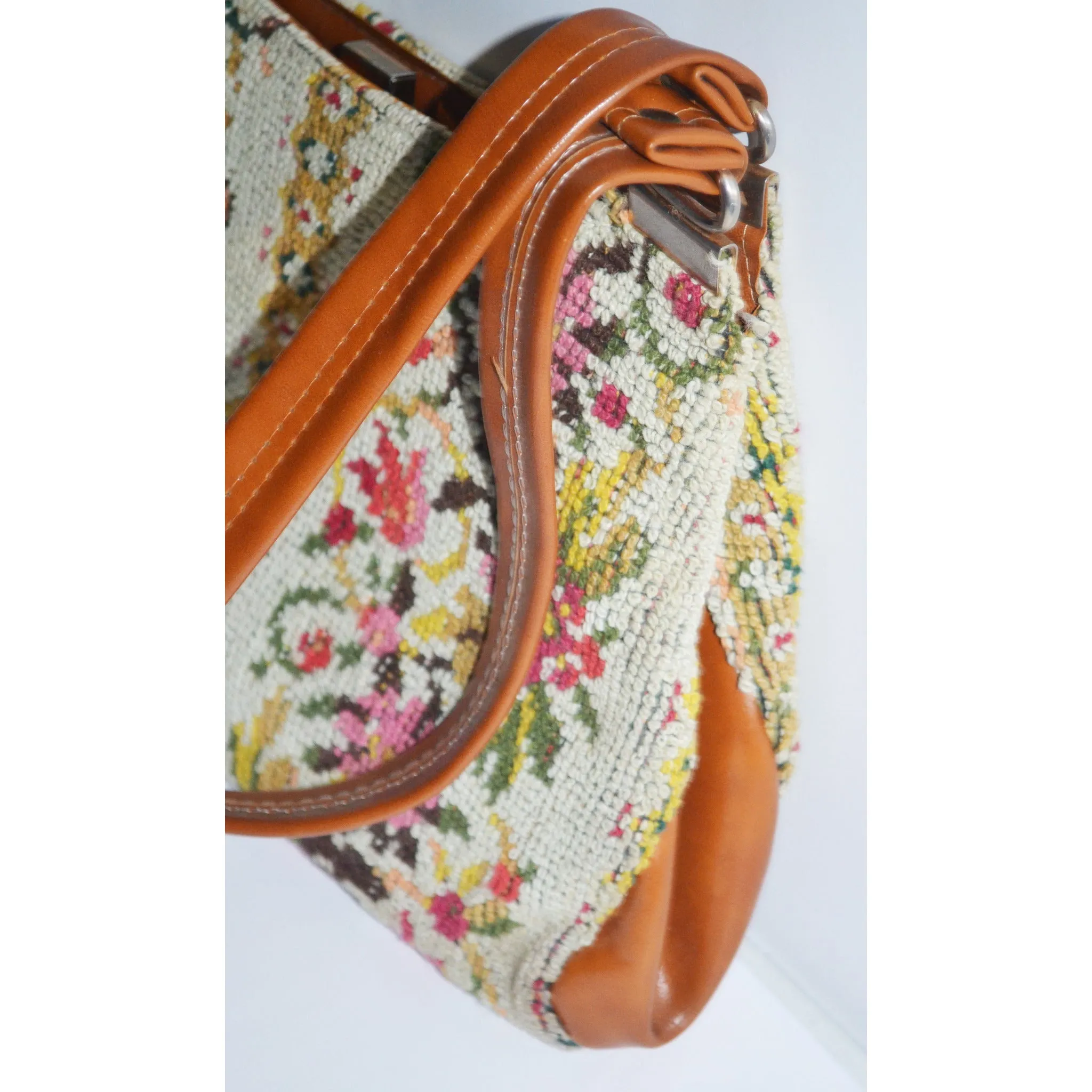 Colorful Needlepoint Floral Carpetbag Purse
