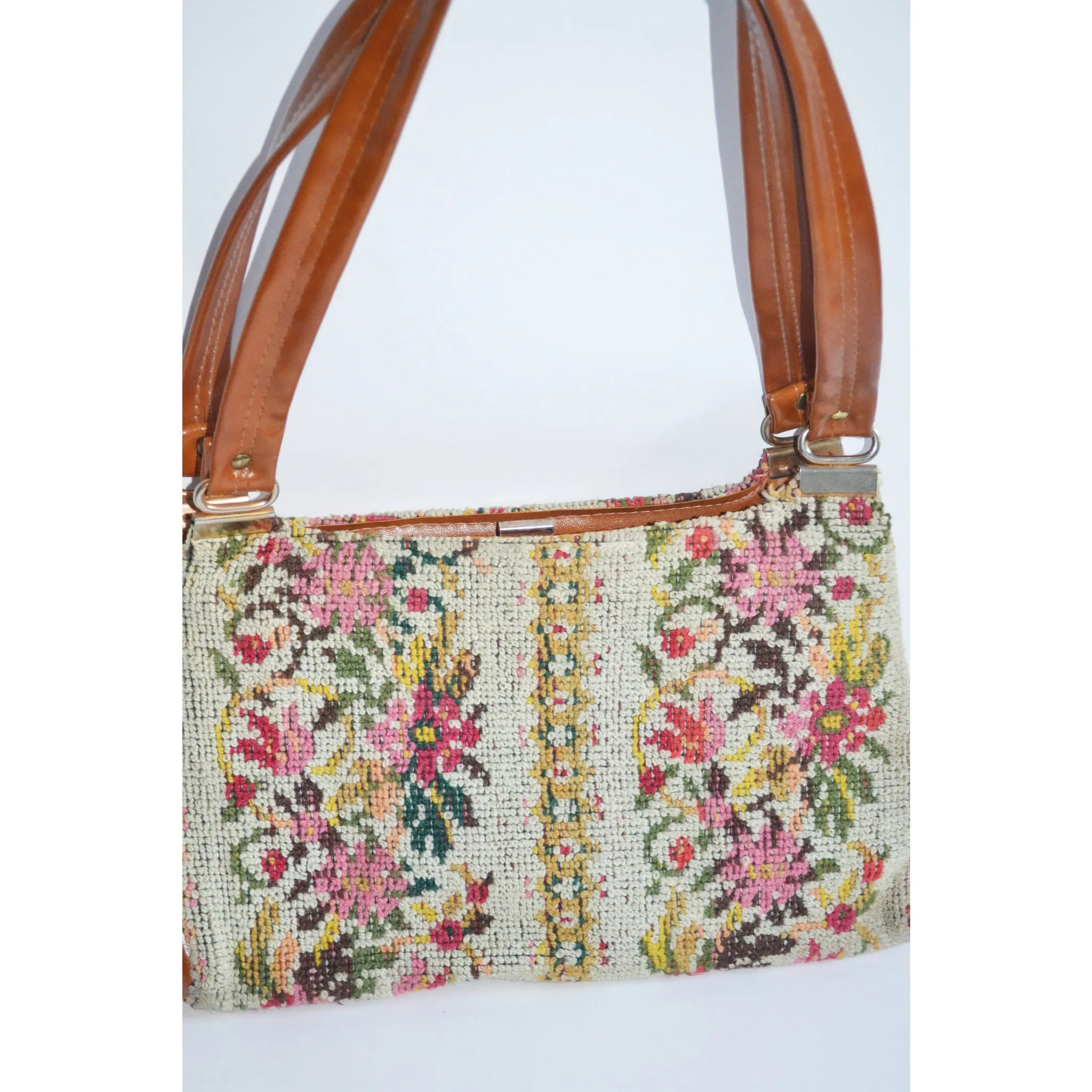 Colorful Needlepoint Floral Carpetbag Purse