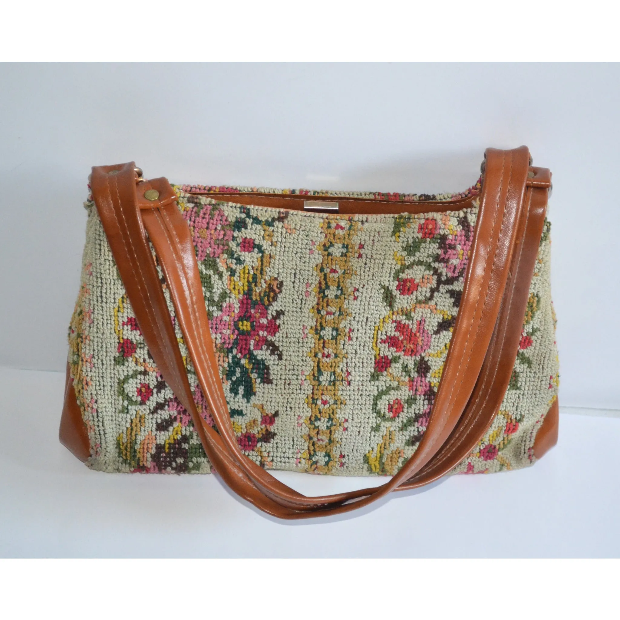 Colorful Needlepoint Floral Carpetbag Purse