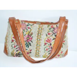 Colorful Needlepoint Floral Carpetbag Purse