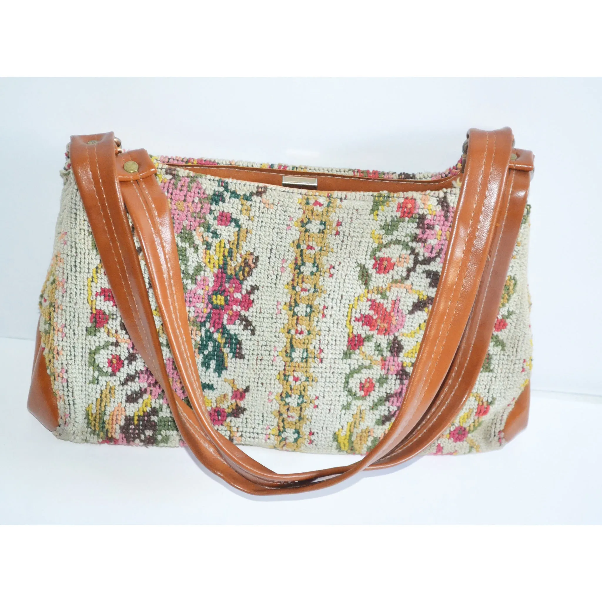 Colorful Needlepoint Floral Carpetbag Purse