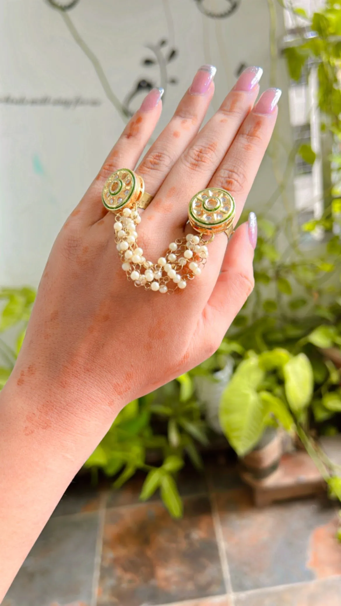 Double Finger Ring With Five Chains Attached