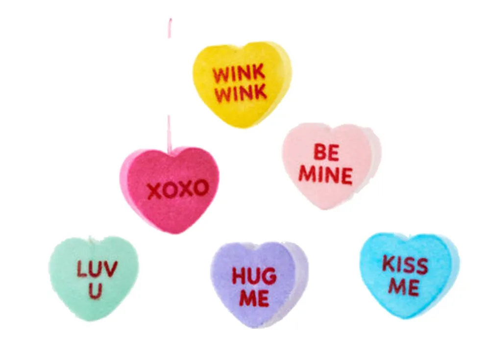 Flocked Conversation Hearts Hanging Decorations Set of 6