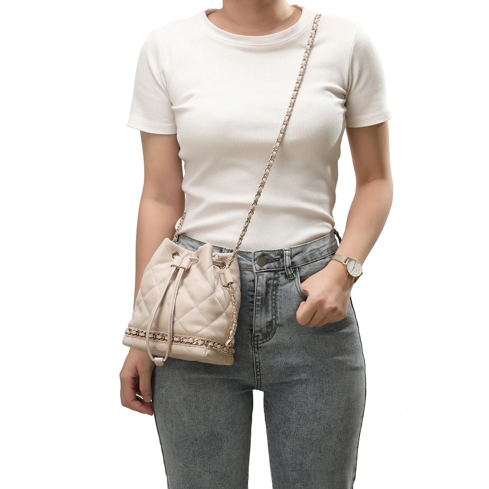 Full-Grain Quilted Lambskin Leather Drawstring Bag