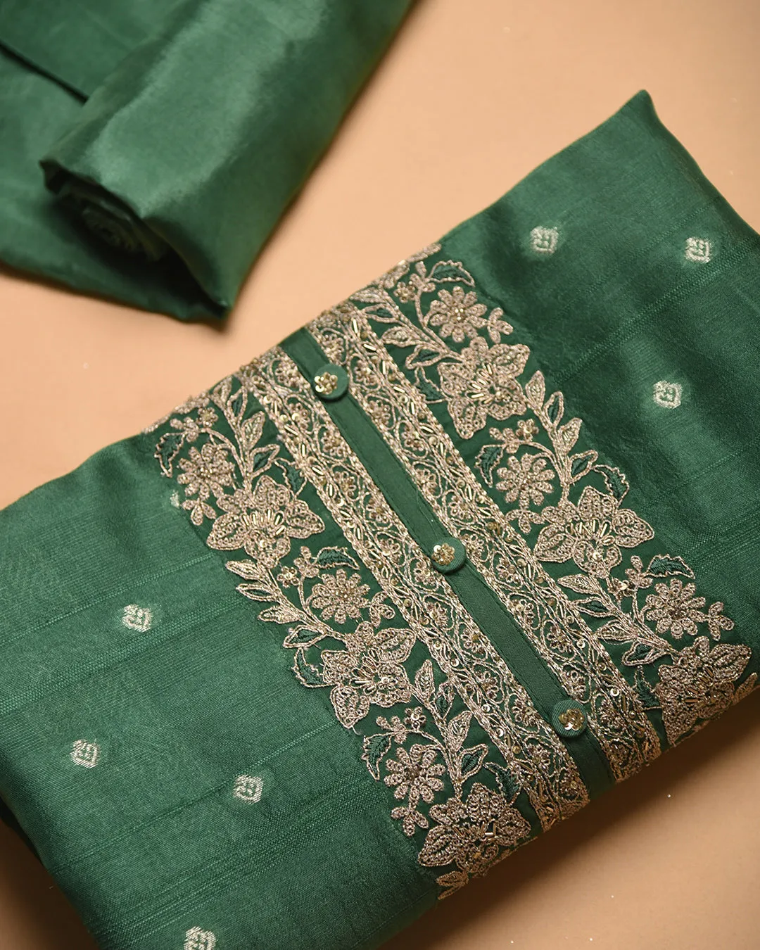 Green Silk Blend Woven With Embroidery Unstitched Suit Fabric Set With Silk Woven Dupatta