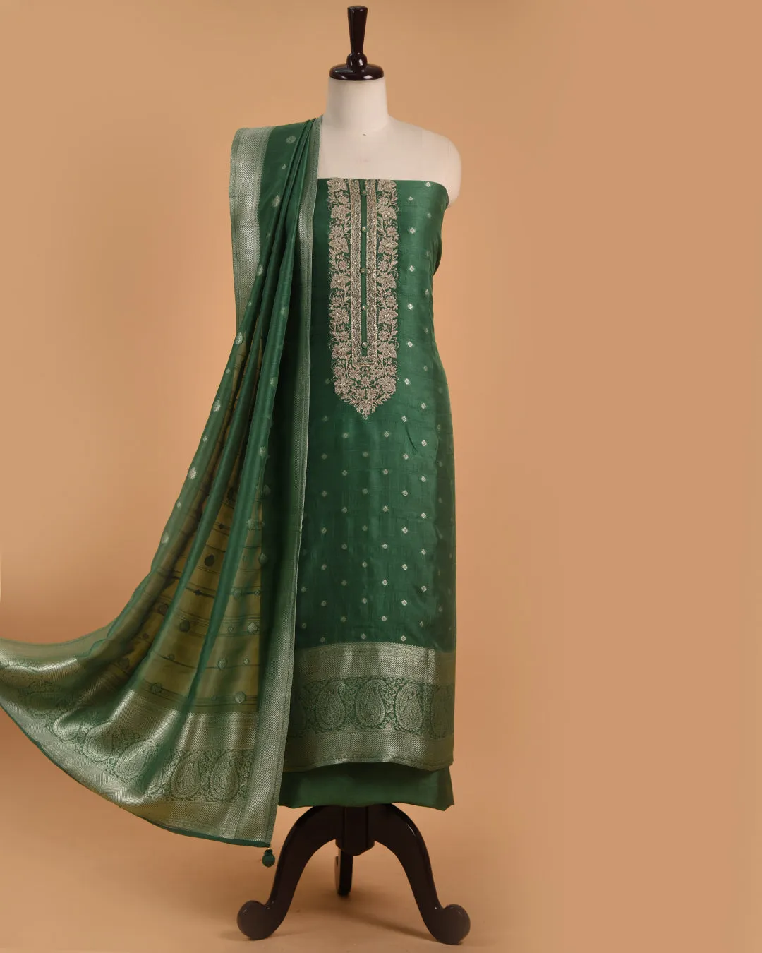 Green Silk Blend Woven With Embroidery Unstitched Suit Fabric Set With Silk Woven Dupatta