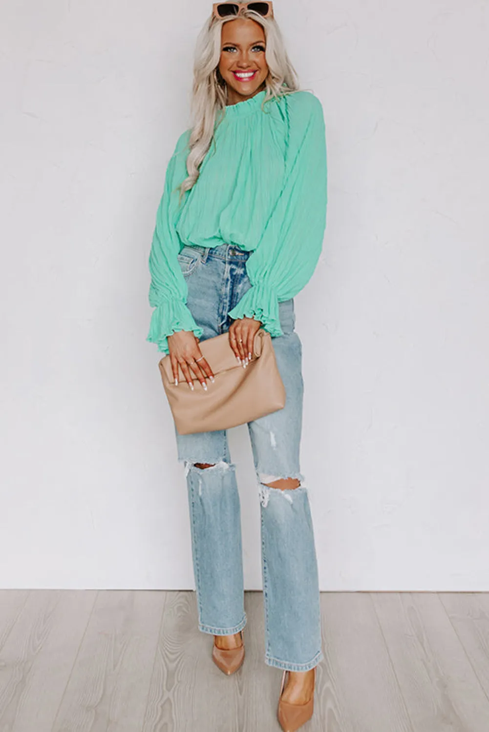 Green Striking Pleated Flared Cuff Long Sleeve Blouse