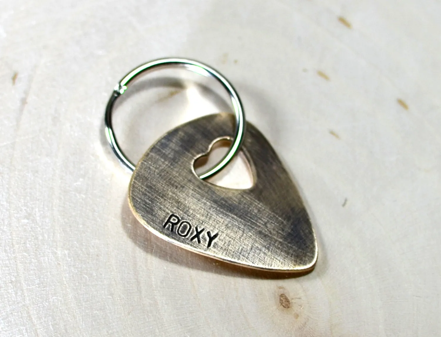 Guitar Pick Bronze Dog Tag with a Heart and Personalized Engraving
