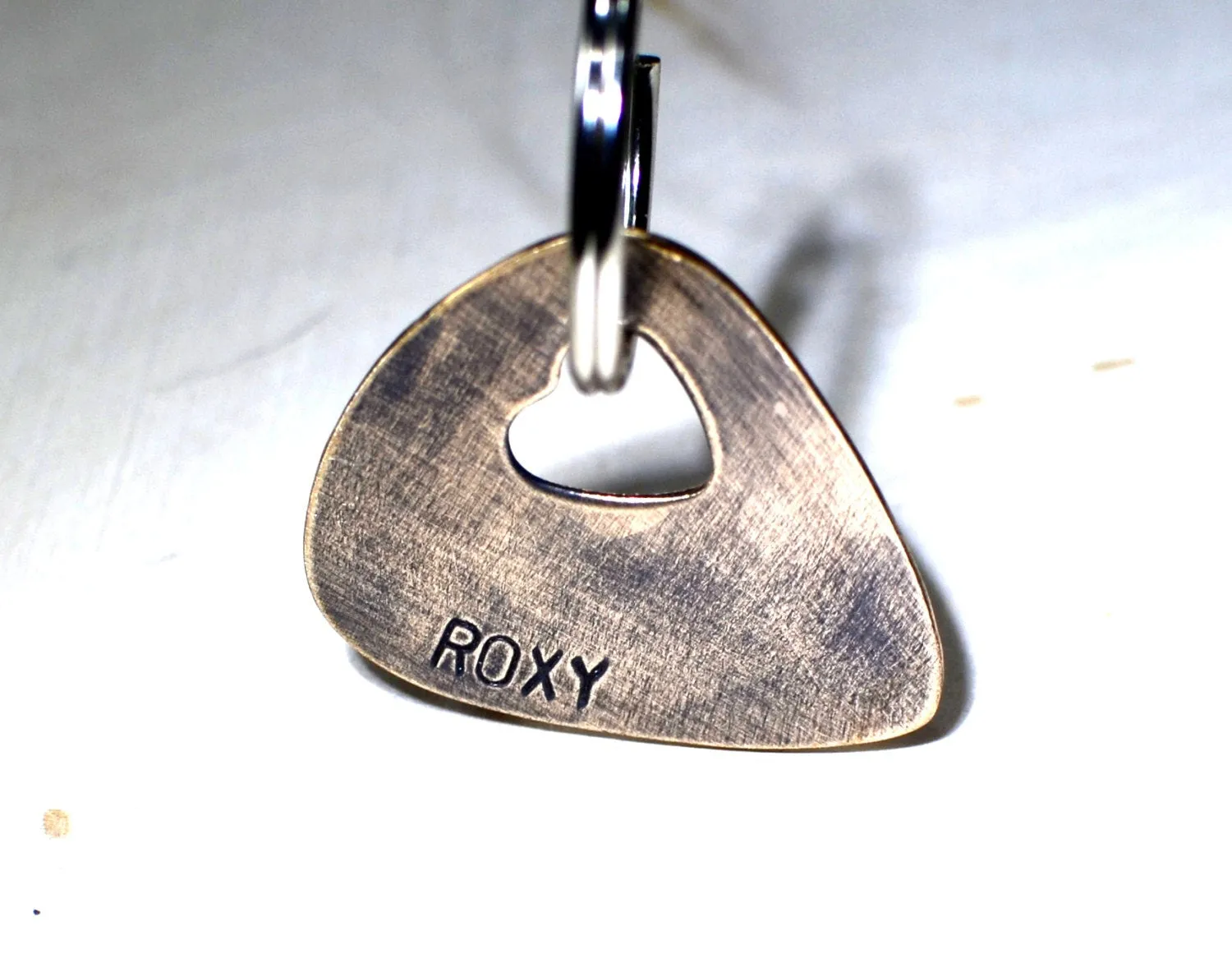 Guitar Pick Bronze Dog Tag with a Heart and Personalized Engraving