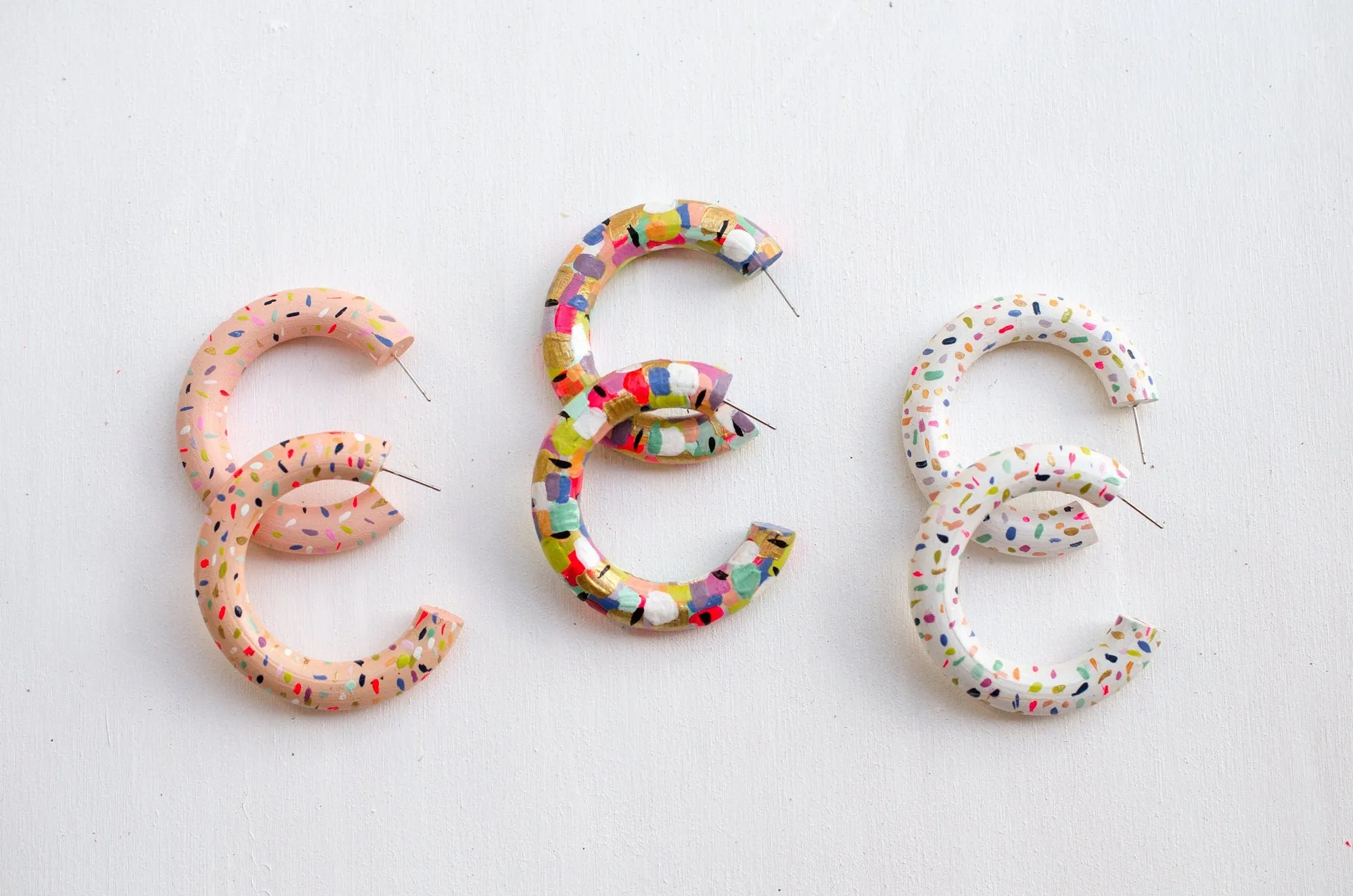 Hand painted Party Hoops, confetti hoops, statement earrings, gifts for her, statement jewelry, colorful earrings, wooden hoops