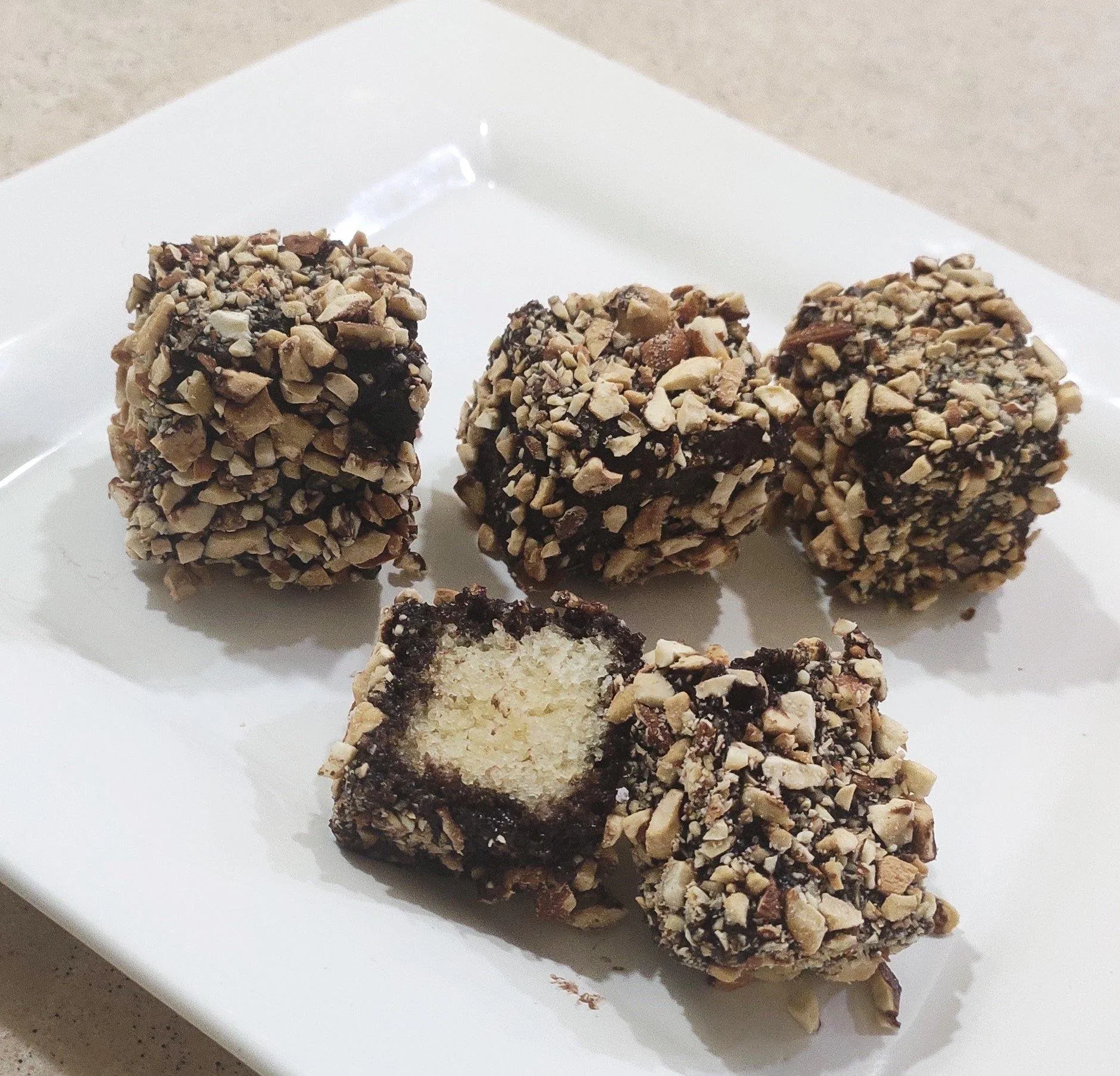 Homemade Eggless Roasted Almond & Cashew Lamington Cake