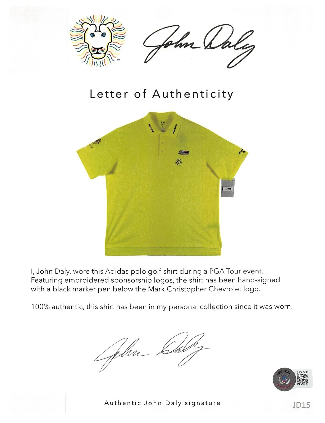 John Daly Signed Match Worn Yellow Adidas Climalite Polo Shirt BAS #JD15BH00368