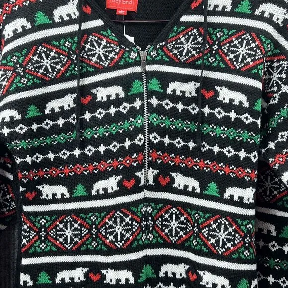 Joyland Christmas Romper Black Sweater Women Small Polar Bear Hooded Zip Up NWT