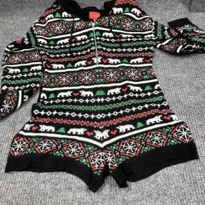 Joyland Christmas Romper Black Sweater Women Small Polar Bear Hooded Zip Up NWT
