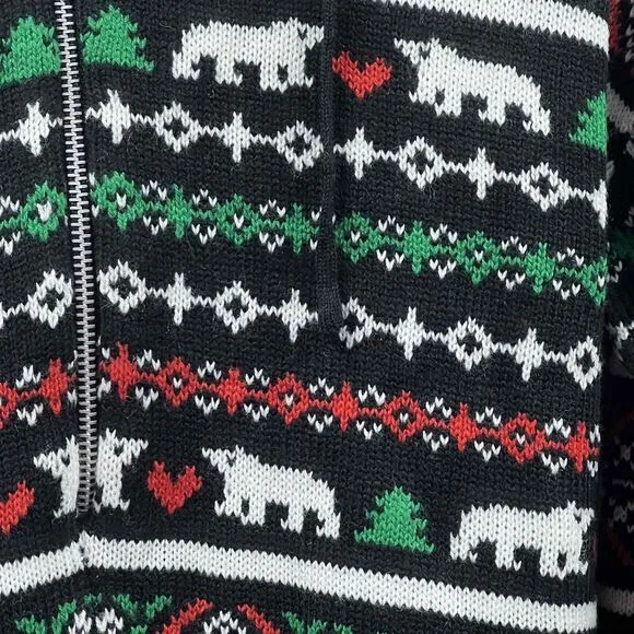 Joyland Christmas Romper Black Sweater Women Small Polar Bear Hooded Zip Up NWT
