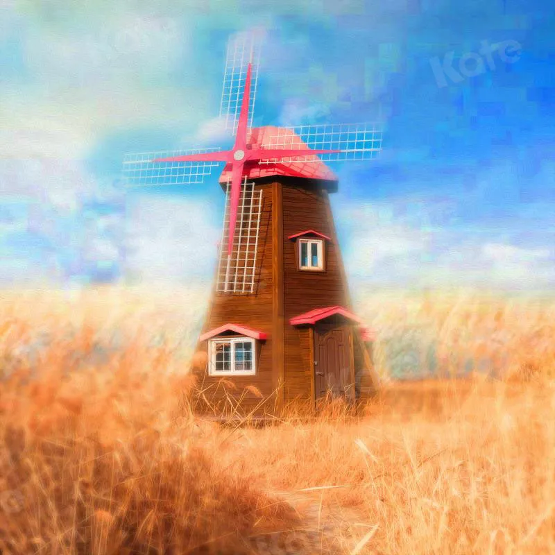 Kate Autumn Backdrop Wheatfield Red Windmill for Photography